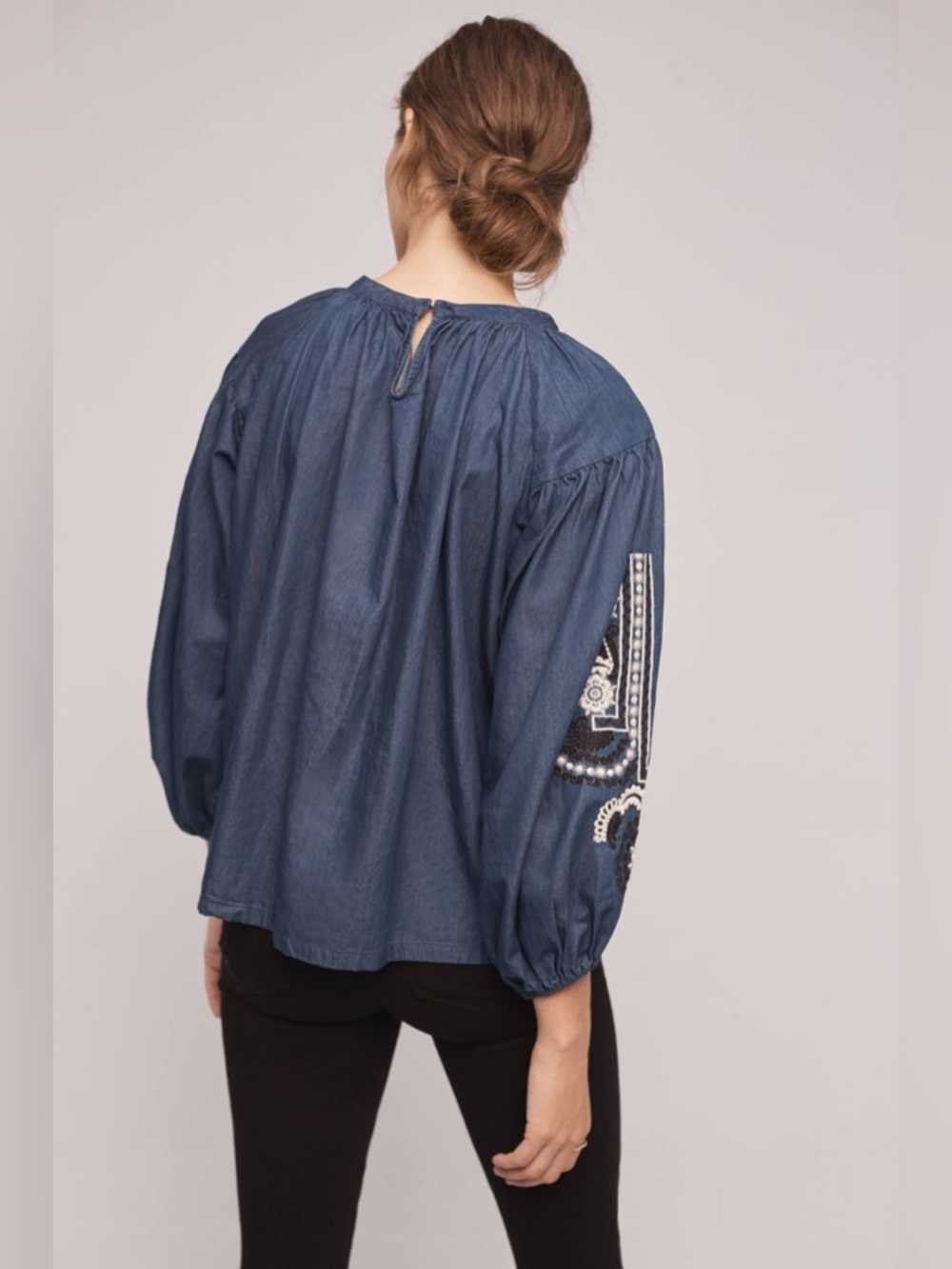 Ne Quittezpas by Anthropologie Genissat Peasant Top in Dark Denim Size Small - Picture 2 of 10